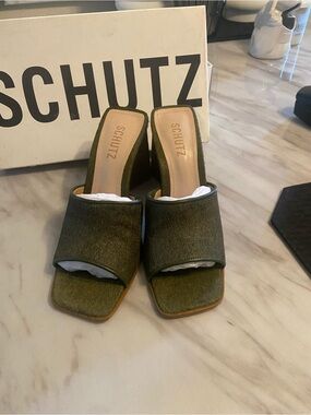 SCHUTZ Olive Green Open-Toe Mule Heels with Square Toe